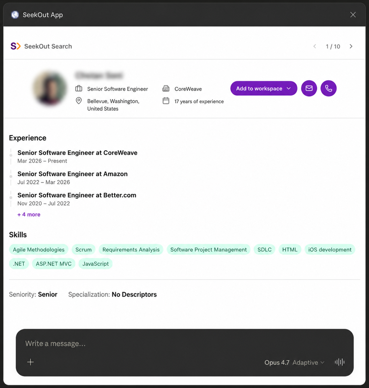 Profile with add-to-workspace and contact actions